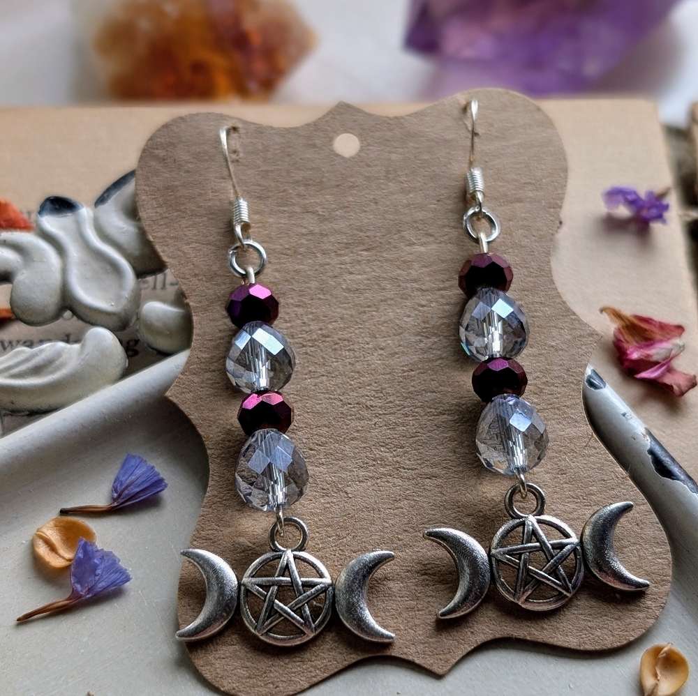 Pentacle Crescent Moon Beaded Earrings
